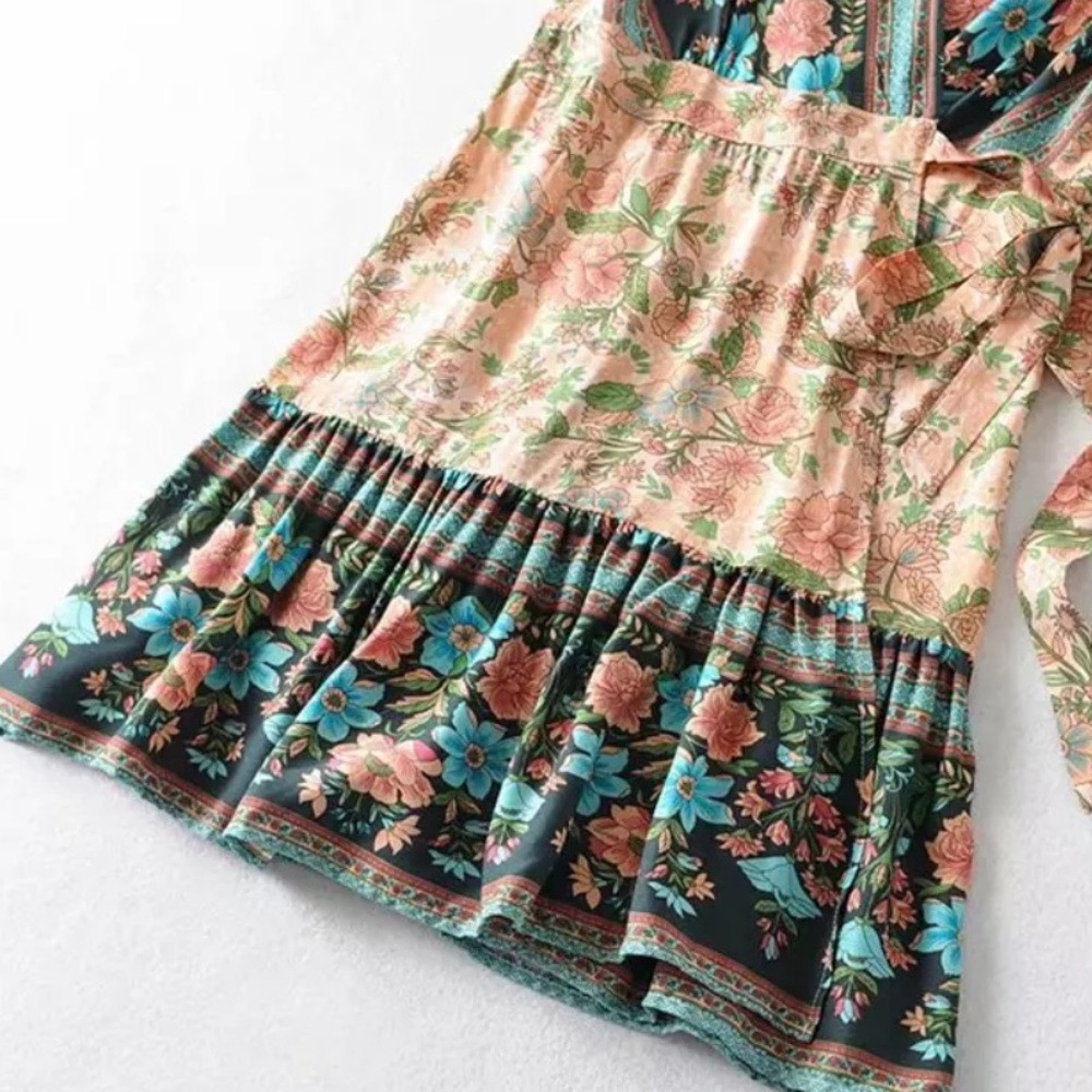 Boho Floral Gypsy Print 70’s Wrap Dress Cream Blue - Picture 7 of 10